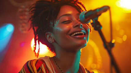 Young female singer performing onstage. - obrazy, fototapety, plakaty