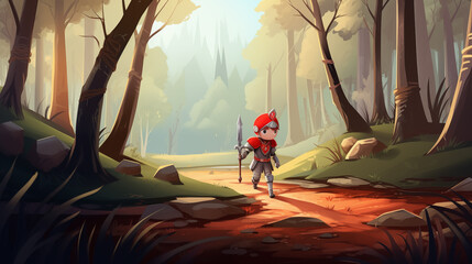Cavaleiro de  armadura andando na floresta - Ilustração infantil