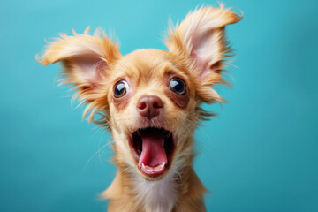 A small brown dog with big eyes and a big smile on its face. The dog is looking at the camera and he is happy. Surprised shocked dog with open mouth and big eyes isolated on flat solid background. - obrazy, fototapety, plakaty