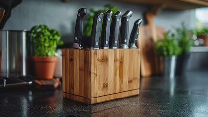 Knife block with knives on kitchen counter