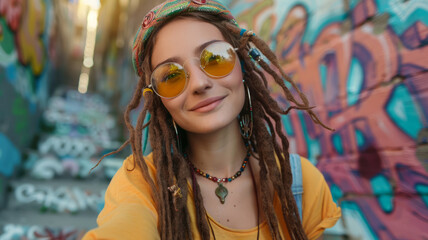 Young woman with sunglasses against graffiti.
