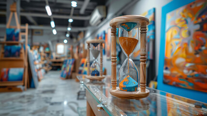 An hourglass in an art gallery setting.
