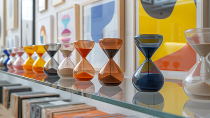 Fototapeta premium Row of colorful hourglasses on shelf
