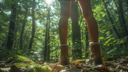 Fototapeta premium Description: Hiker's legs in a forest setting