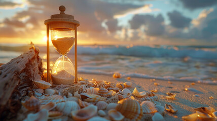 Hourglass on beach with sunset backdrop. - obrazy, fototapety, plakaty