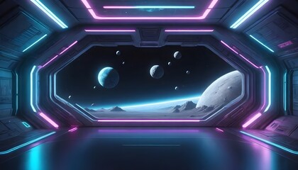 View from a spaceship window showing a planetary landscape with multiple moons, neon lights, and a...