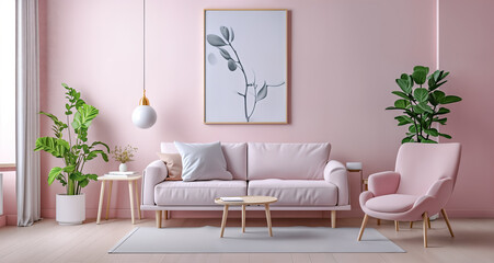 Modern Home Design. Cozy Pink Living Room Interior Design Featuring Stylish Sofa, Coffee Table, chair, Flower, Mock-Up Poster, Carpet, Decorations, Pillows, Plaid, and Personal Accessor. Template 