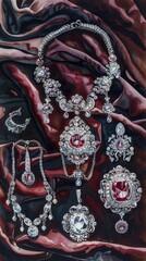 Elegant Bridal Jewelry: Detailed Watercolor Illustration of Necklace, Earrings, and Bracelet on a Velvet Surface Generative AI