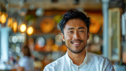 Naklejka premium Portrait of a happy smiling handsome professional Asian Japanese businessman manager standing in his modern business company office.
