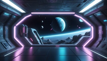 View from a spaceship window showing a planetary landscape with multiple moons, neon lights, and a starry sky