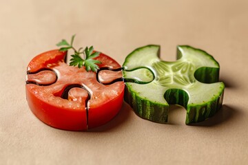 Fototapeta na wymiar A cucumber and tomato puzzle pieces fitting together, symbolizing the perfect salad mix