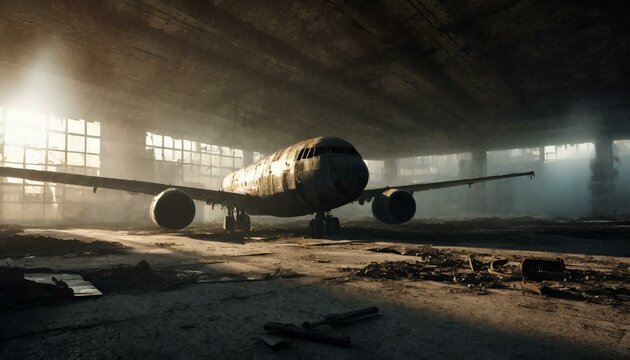 abandoned plane in a ruined hangar