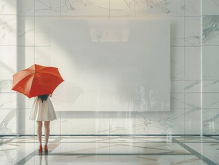 Woman Holding Orange Umbrella in Room