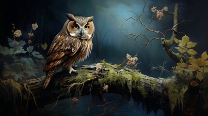 A Serene Depiction: Wise Owl Perched - obrazy, fototapety, plakaty