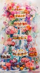 Vibrant Watercolor Wedding Reception Scene with Decadent Dessert Table Generative AI