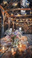 Rustic Barn Wedding Reception Illuminated by Fairy Lights in Watercolor Art Generative AI