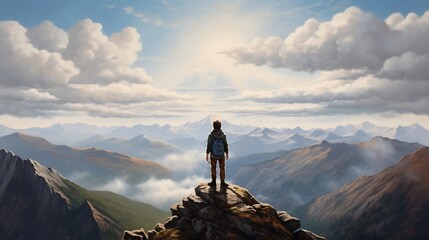 A Serene Trek: Hiker in the Mountain Landscape - obrazy, fototapety, plakaty