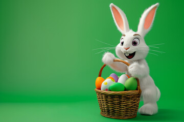 Easter bunny with a basket full of Easter eggs, over a green background. Generative Ai  - 763532430