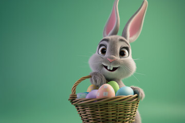 Easter bunny with a basket full of Easter eggs, over a green background. Generative Ai  - 763532431