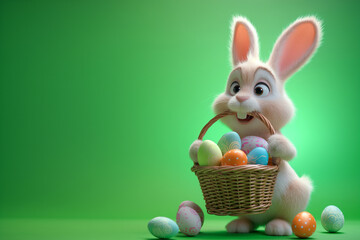 Easter bunny with a basket full of Easter eggs, over a green background. Generative Ai  - 763532461