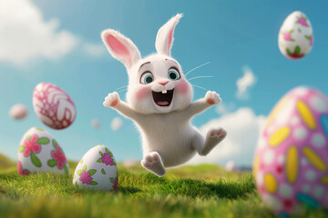 Easter bunny with Easter eggs, running and jumping over a green field with blue sky. Generative Ai  - 763532464