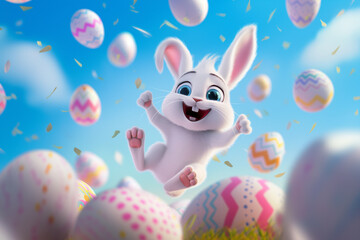 Easter bunny with Easter eggs, running and jumping over a green field with blue sky. Generative Ai  - 763532477