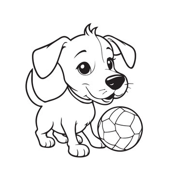 Beautiful hand-drawn vector illustration of funny dog playing with a ball on a white background for coloring book for children