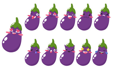 Set of eggplant icons with emotions. Vector isolates in cartoon flat style.