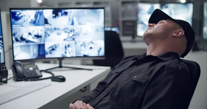 Sleeping, security guard and computer for surveillance, camera and cctv monitor for company safety. Desktop, technology and man in control room with checking system, duty and dashboard in workplace