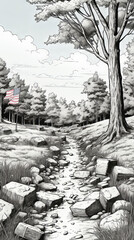 Black and White Drawing of American Countryside


