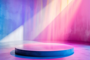 Modern round empty platform podium stand for product presentation scene with glowing neon lighting. Futuristic empty stage mockup on rainbow flare background with colorful streaks of light. Front view - Powered by Adobe