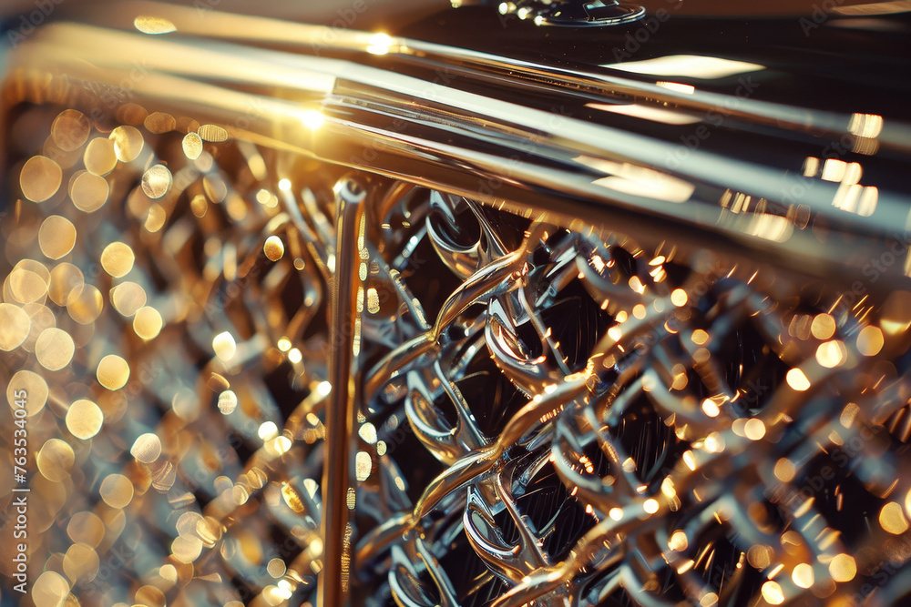 Poster a close-up of the grille of a luxury car, its intricate design creating an abstract pattern in the s