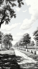 Monochrome Sketch of Tree-Lined Park Pathway


