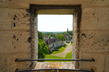 View over the Bishop Lodge out the window of the Dungeon of Septmonts in Aisne, Picardie, France - Built in the 14th century, this medieval tower was used both for military and residential purposes