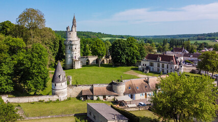 Fototapeta na wymiar Aerial view over the Dungeon of Septmonts in Aisne, Picardie, France - Built in the 14th century, this medieval tower was used both for military and residential purposes