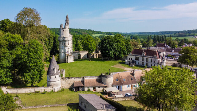 Aerial view over the Dungeon of Septmonts in Aisne, Picardie, France - Built in the 14th century, this medieval tower was used both for military and residential purposes