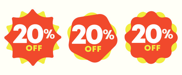 20% off. Special offer sticker, label, tag. Value discount poster, price. Shapes in yellow and red. Marketing for promotion, discount, sales, store, retail, mall. Icon, vector, symbol