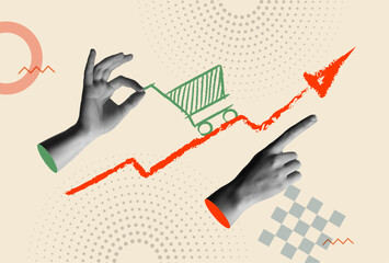 Inflation shopping cart and hands in retro collage vector illustration