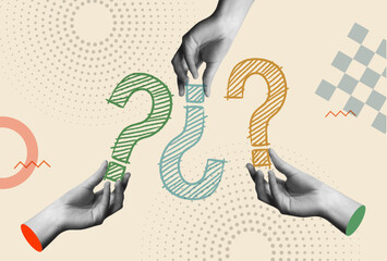 Question marks and human hands in retro collage vector illustration