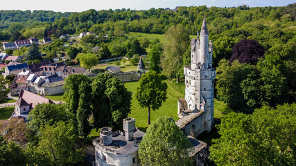 Aerial view over the Dungeon of Septmonts in Aisne, Picardie, France - Built in the 14th century, this medieval tower was used both for military and residential purposes