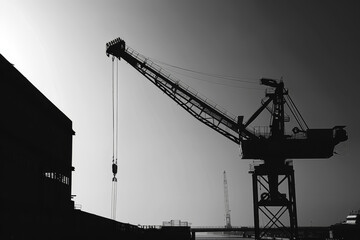 A large industrial crane in a shipyard, its towering structure creating an abstract silhouette against the sky