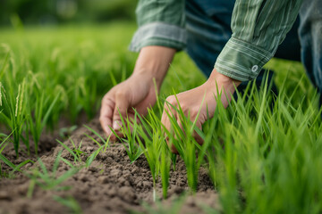 A farmer cultivating rice plants.