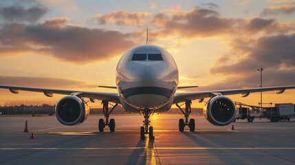 Commercial Airplane Front View on Runway at Sunset, Aviation Travel Concept - obrazy, fototapety, plakaty