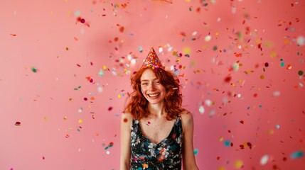 Obraz na płótnie Canvas A joyful woman in a party hat celebrates with colorful confetti