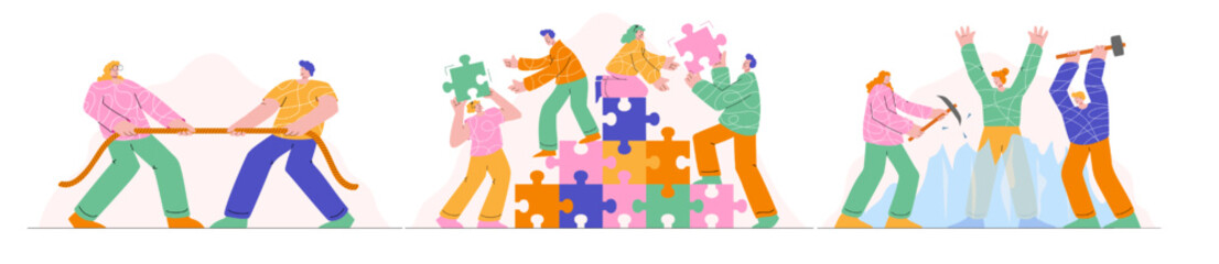 Obraz na płótnie Canvas Illustration of a diverse team collaboratively assembling large puzzle pieces, tug of war, icebreaker, symbolizing teamwork, cooperation, and problem-solving