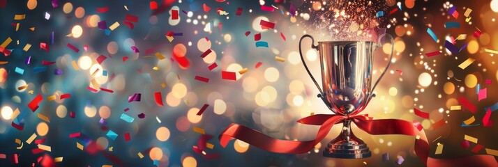 Shiny sparkling silver champion cup on a bright background with sparkles and confetti and festive satin ribbons, second place trophy cup, banner - obrazy, fototapety, plakaty