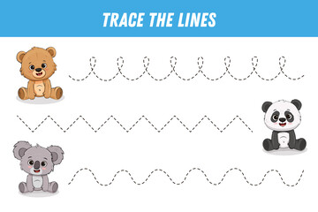 Tracing lines for kids. Cute bears: panda, teddy bear, koala. Cartoon bear. Handwriting practice. Educational game for preschool kids. Activity page.