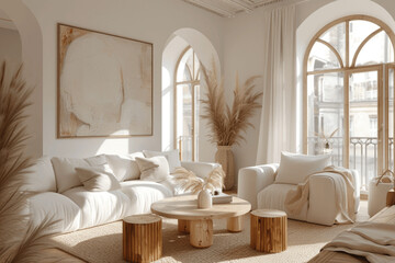 A bright and airy living room with natural tones and modern decor
