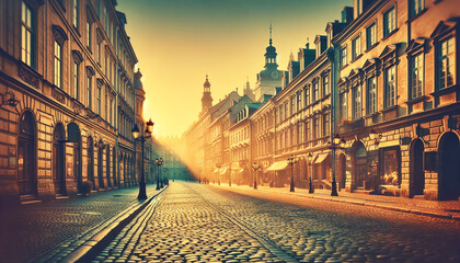 Dawn's First Light on Historic City Streets. The warm glow of morning light on cobblestone streets and historic buildings, rendered in nostalgic retro colors - obrazy, fototapety, plakaty