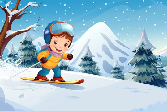 A young boy is skiing down a snowy mountain. He is wearing a yellow jacket and goggles. Cartoon concept